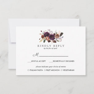 Rustic Plum   Boho wedding RSVP MEAL option Card