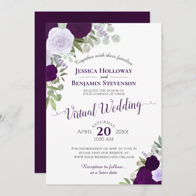Rustic Plum & Dusty Purple Floral Virtual Wedding Invitation (Front/Back)