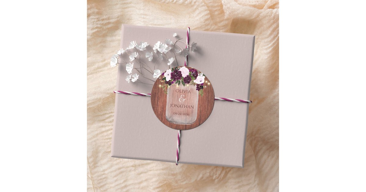 Rustic Plum Floral Mason Jar Lights Wedding Classic Round Sticker | Zazzle