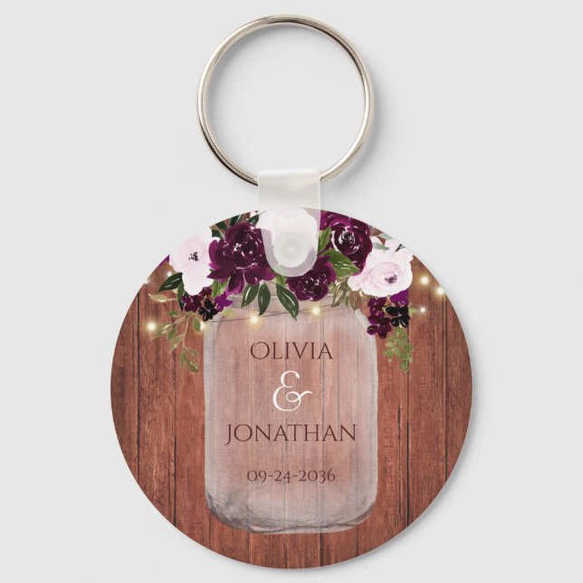 Rustic Plum Floral Mason Jar Lights Wedding Favor Keychain (Front)