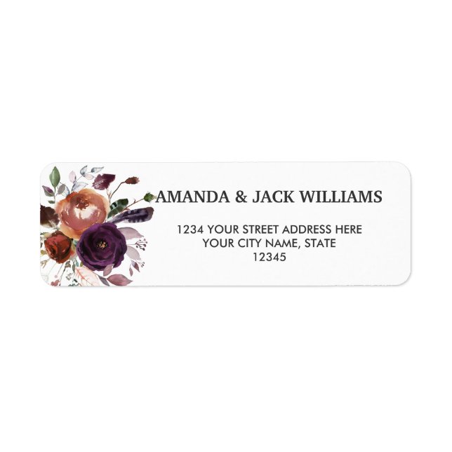 Rustic Plum | Flowers and feathers Floral Wedding Label (Front)