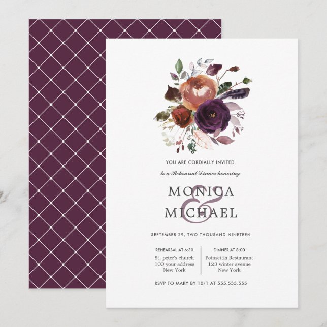 Rustic Plum | Flowers +  feathers Rehearsal Dinner Invitation (Front/Back)