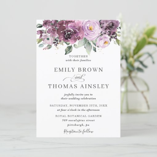 Rustic Plum Mauve Purple Floral Greenery Wedding Invitation | Zazzle
