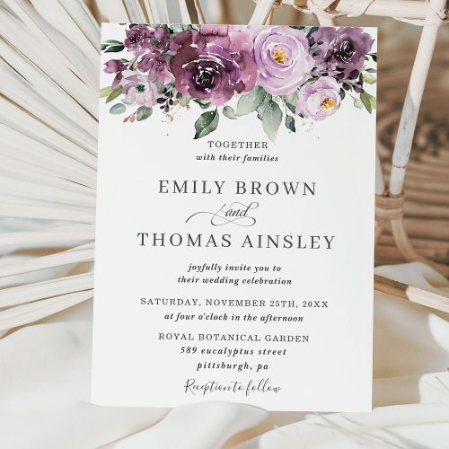 Rustic Plum Mauve Purple Floral Greenery Wedding Invitation