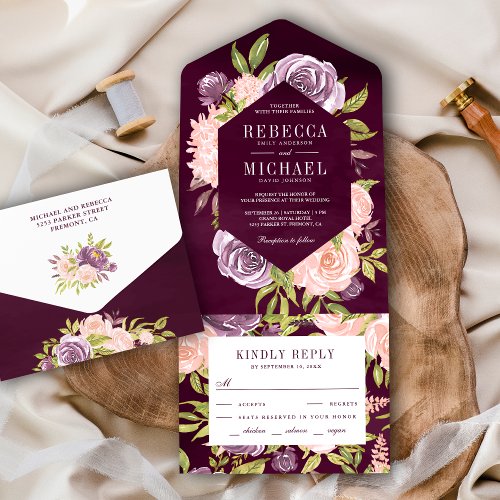 Rustic Plum Purple and Blush Pink Floral Wedding All In One Invitation