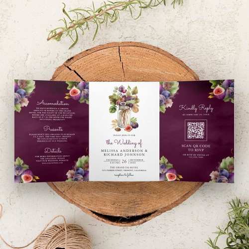 Rustic Plum Purple Fig All in One QR Code Wedding Tri_Fold Invitation