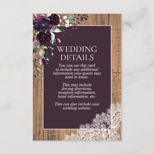 Rustic Plum Purple Floral Lace Wood Details Enclosure Card