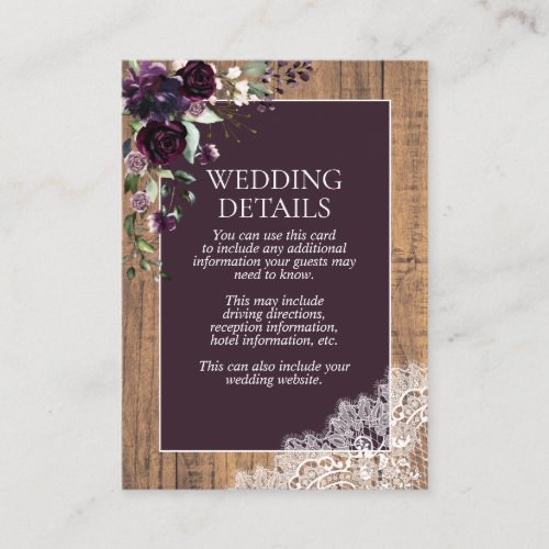 Rustic Plum Purple Floral Lace Wood Details Enclosure Card