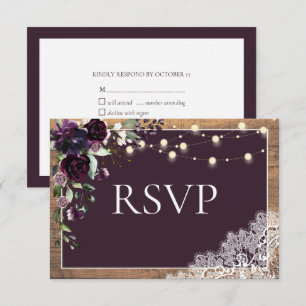 Rustic Plum Purple Floral Lace Wood Wedding RSVP Card