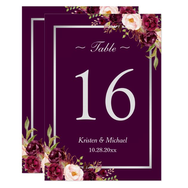 Rustic Plum Purple Floral Silver Gray Table Number