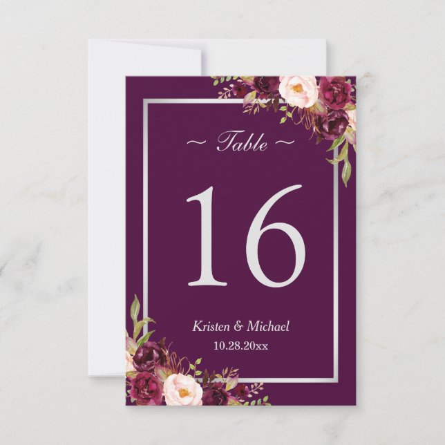 Rustic Plum Purple Floral Silver Gray Table Number (Front)