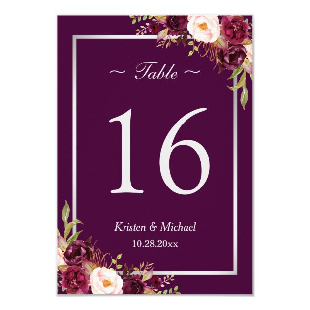 Rustic Plum Purple Floral Silver Gray Table Number