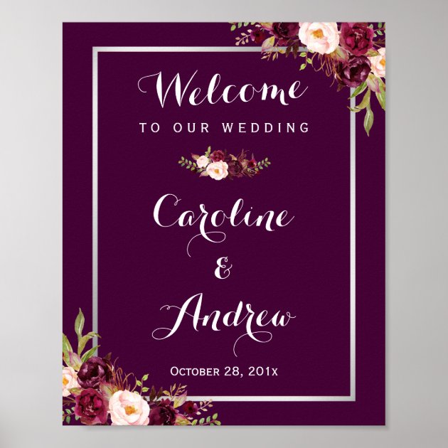 Rustic Plum Purple Floral Welcome Wedding Sign