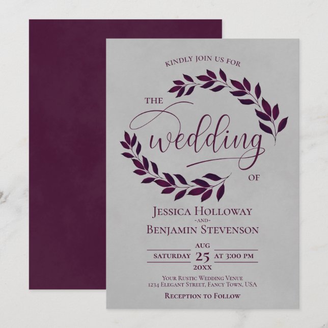 Rustic Plum Purple Leaves Elegant Gray Wedding Invitation (Front/Back)