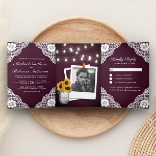 Rustic Plum Purple Wood Lace String Lights Wedding Tri-Fold Invitation