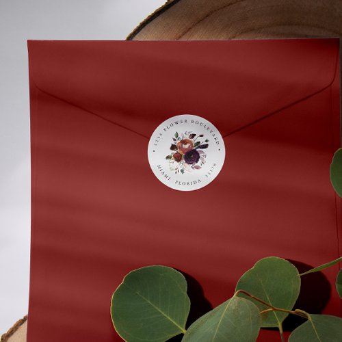 Rustic Plum Roses and feathers Return address Classic Round Sticker