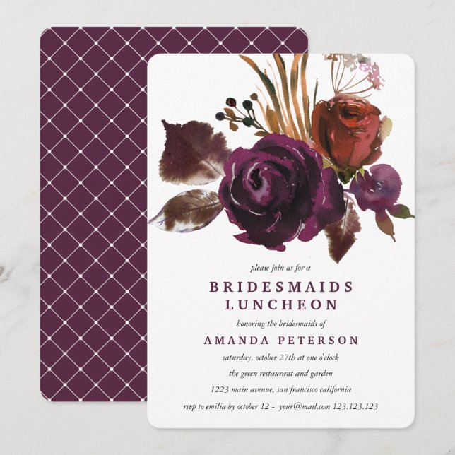 Rustic Plum | Roses  Bridesmaids Luncheon Wedding Invitation (Front/Back)