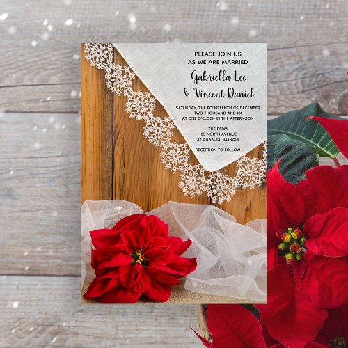 Rustic Poinsettia and Lace Winter Barn Wedding Invitation