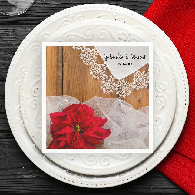 Rustic Poinsettia and Lace Winter Barn Wedding Napkins (Set a festive table with this rustic chic December wedding paper napkin.)