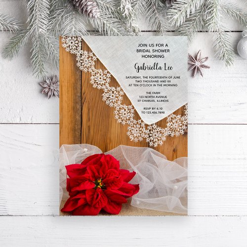 Rustic Poinsettia and Lace Winter Bridal Shower Invitation