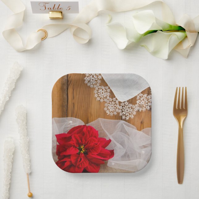 Rustic Poinsettia and Lace Winter Country Wedding Paper Plates (Wedding)