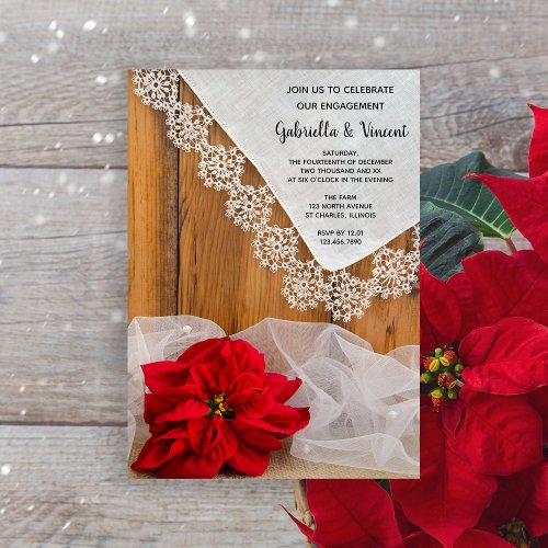 Rustic Poinsettia and Lace Winter Engagement Party Invitation