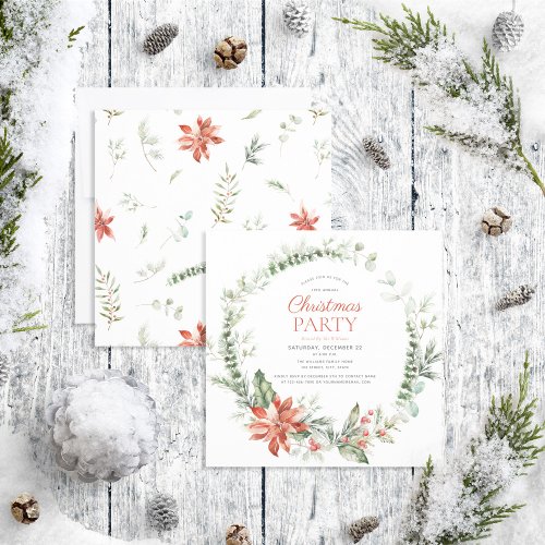 Rustic Poinsettia Berry Green Wreath Holiday Party Invitation