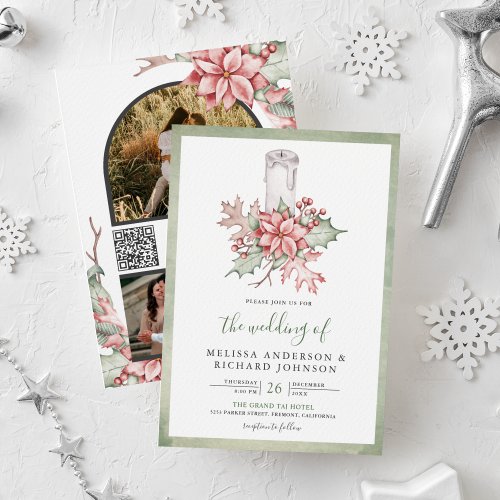 Rustic Poinsettia Christmas Candle QR Code Wedding Invitation
