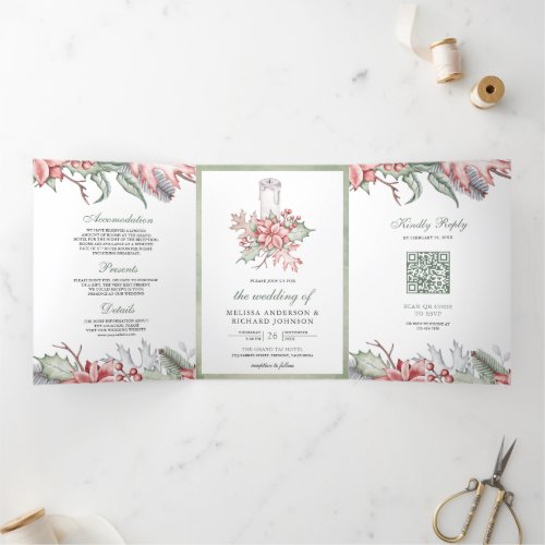 Rustic Poinsettia Christmas Candle QR Code Wedding Tri_Fold Invitation