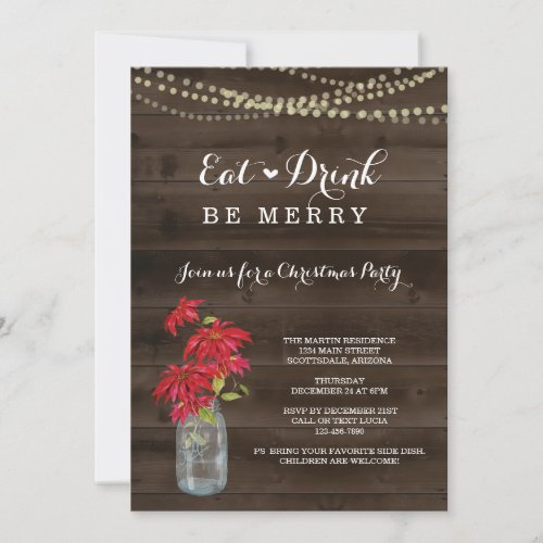 Rustic Poinsettia Christmas Party Invitation - Hand painted watercolor poinsettia and mason jar complemented by a rustic wood background, string lights, and beautiful calligraphy.