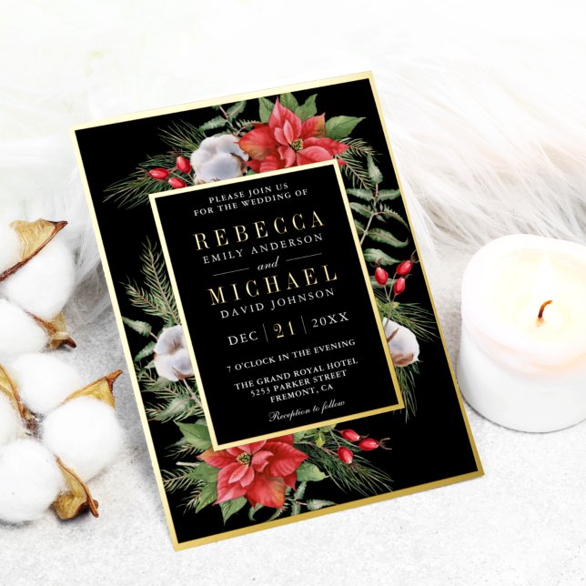 Rustic Poinsettia Floral Black Christmas Wedding Foil Invitation (Creator Uploaded)
