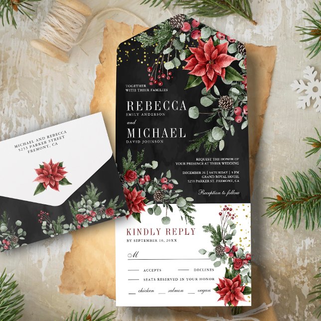 Rustic Poinsettia Floral Christmas Black Wedding All In One Invitation (Creator Uploaded)