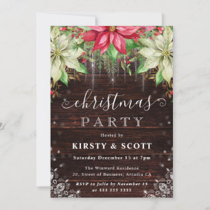 Rustic Poinsettia Floral Christmas Party Invitation