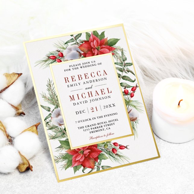 Rustic Poinsettia Floral Christmas Wedding Foil Invitation (Creator Uploaded)