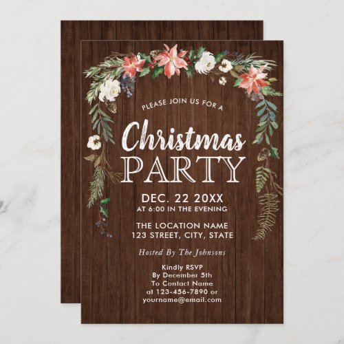 Rustic Poinsettia Floral Drop Wood Christmas Party Invitation