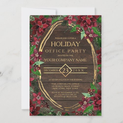 Rustic Poinsettia Floral Wood Corporate Holiday Invitation