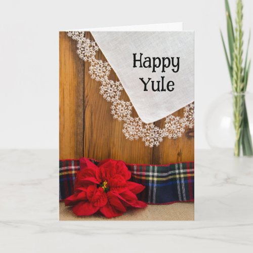 Rustic Poinsettia Flower and Plaid Happy Yule Holiday Card
