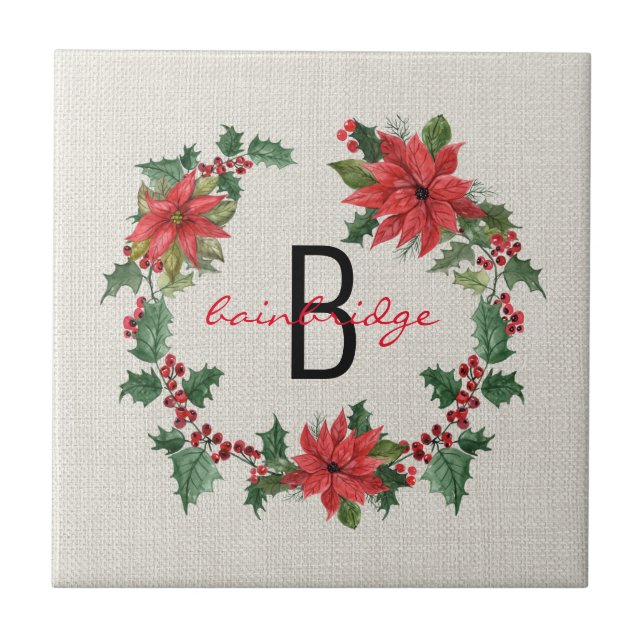 Rustic Poinsettia & Holly Wreath Monogrammed Ceramic Tile (Front)