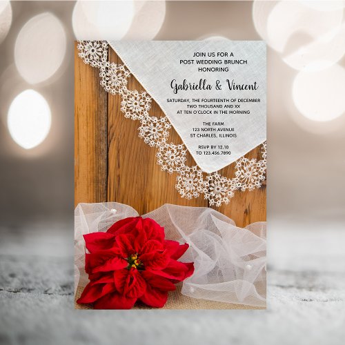 Rustic Poinsettia Lace Winter Post Wedding Brunch Invitation
