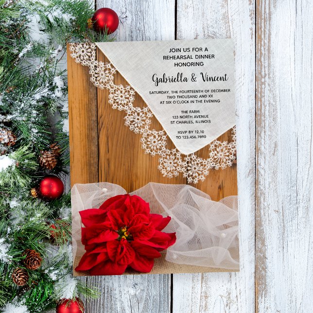Rustic Poinsettia Lace Winter Rehearsal Dinner Invitation (Set a wintery tone for your rustic December wedding rehearsal dinner with this charming invitation.)