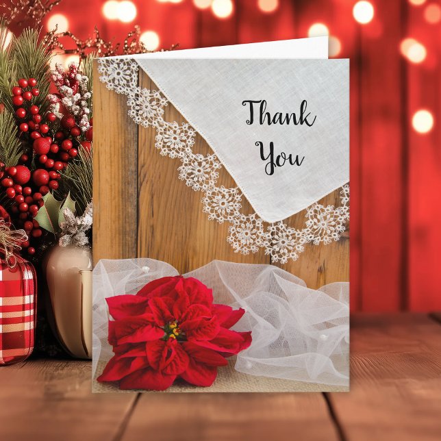 Rustic Poinsettia Lace Winter Wedding Thank You Card (Creator Uploaded)