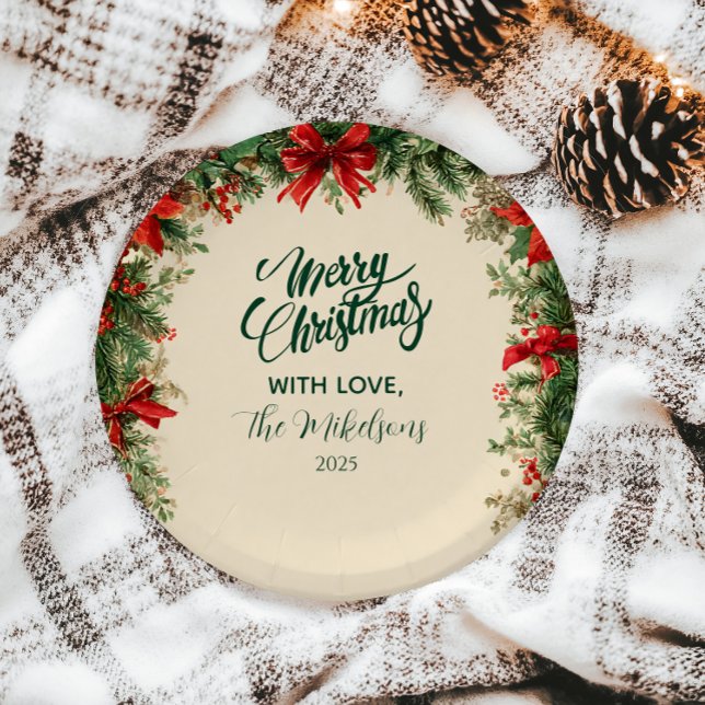 Rustic Poinsettia Pine Christmas Party Paper Plates (Creator Uploaded)