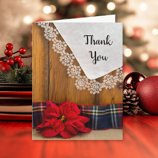 Rustic Poinsettia Plaid Winter Wedding Thank You Card