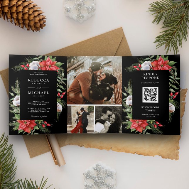 Rustic Poinsettia QR Code Christmas Black Wedding Tri-Fold Invitation (Creator Uploaded)