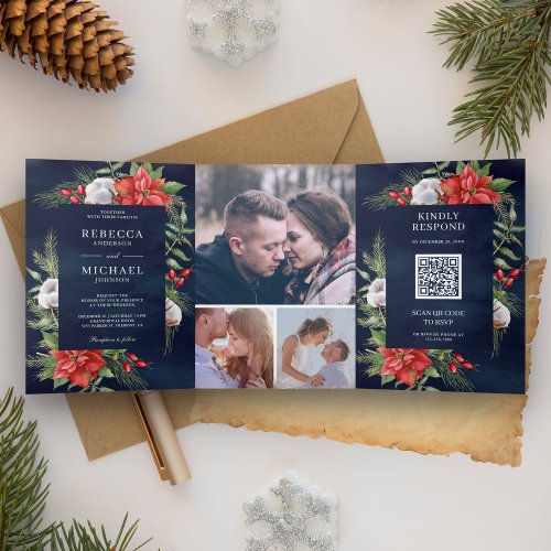 Rustic Poinsettia QR Code Christmas Navy Wedding Tri_Fold Invitation