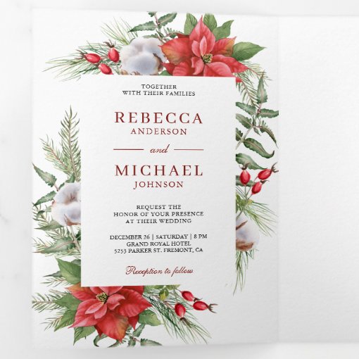 Rustic Poinsettia QR Code Christmas Wedding Tri-Fold Invitation | Zazzle