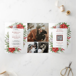 Rustic Poinsettia QR Code Christmas Wedding Tri-Fold Invitation