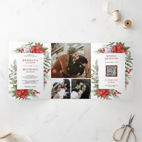 Rustic Poinsettia QR Code Christmas Wedding Tri_Fold Invitation