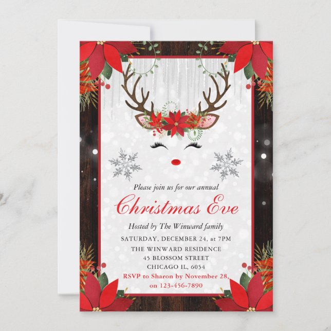 Rustic Poinsettia Reindeer Face Christmas Eve Invitation (Front)