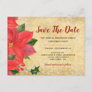 Rustic Poinsettia   Save The Date Christmas Party Announcement Postcard